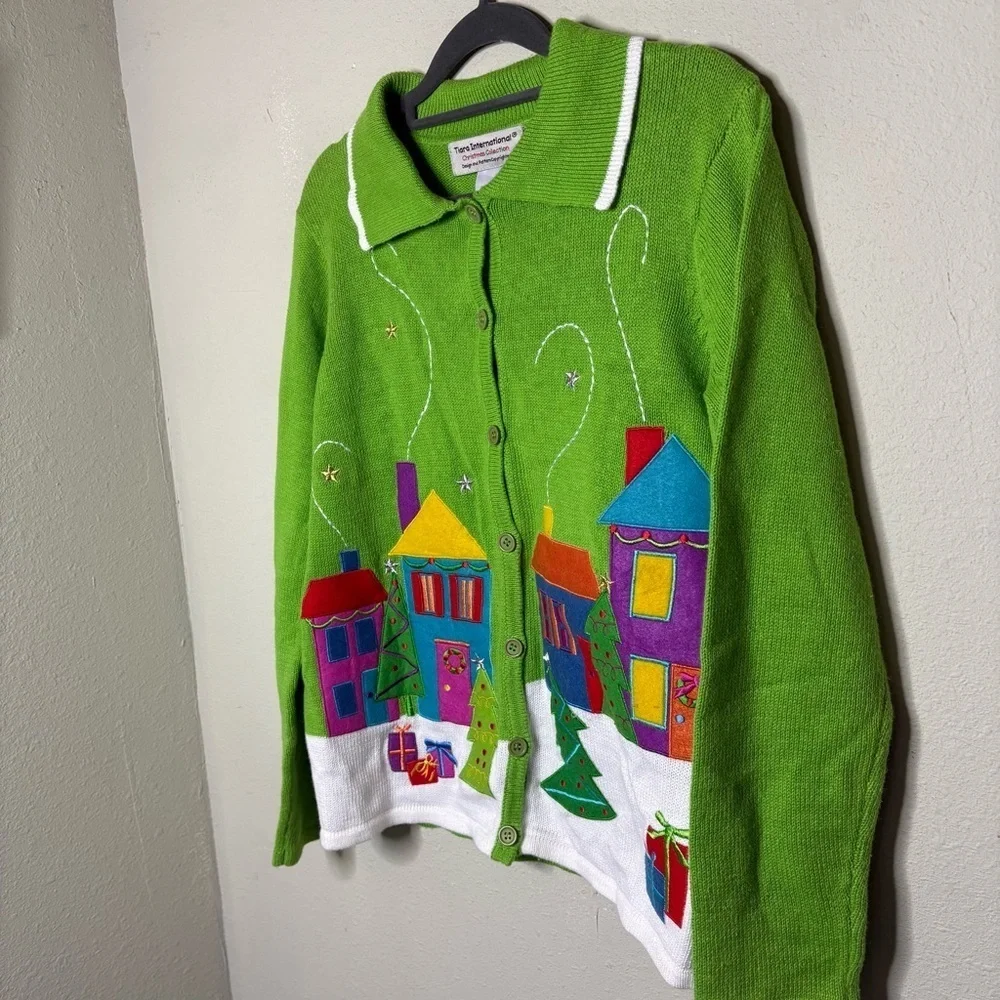 Tiara International Festive Green Cardigan with Colorful House Design Size Small - Picture 2 of 6